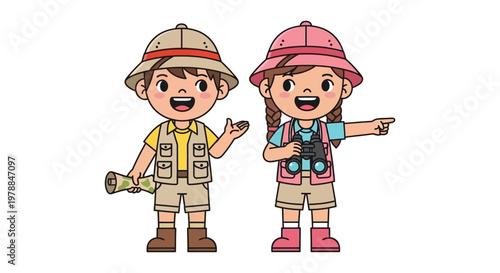 Two cheerful children a boy and a girl dressed as explorers stand facing forward in a cartoon silhouette high quality professional