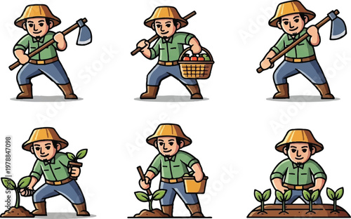Cartoon farmer in various poses harvesting and gardening