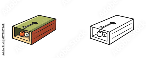 Illustrations of a wooden humane animal trap in flat green and brown colors and a black line art style with a bait apple inside used for catching pests or small rodents