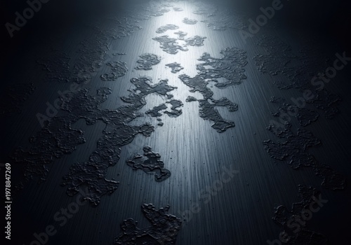 Abstract dark metallic surface with textured liquid patches