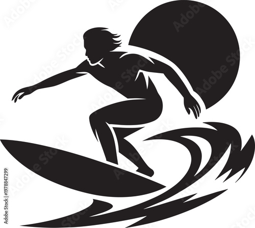 Surfer riding a wave with a large circle in the illustration in outline style