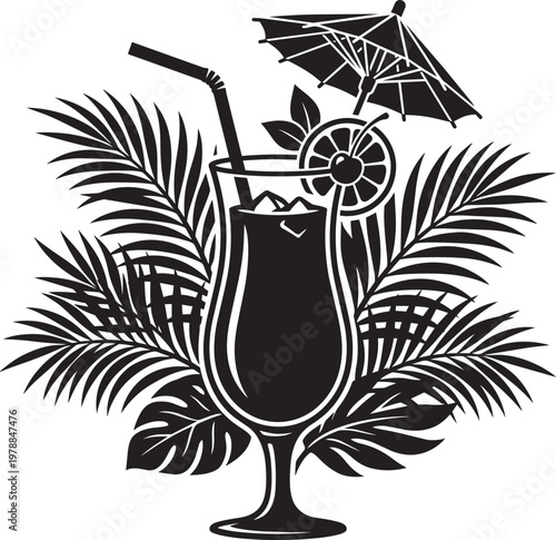 Tropical cocktail with umbrella, lemon slice, and palm leaves illustration in outline style