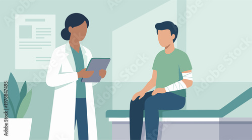 Doctor consulting patient with bandaged arm in medical clinic