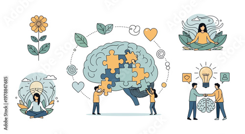 Illustrative mental wellbeing concept featuring floral elements puzzle brains and figures all in a flat silhouette high quality professional detailed modern