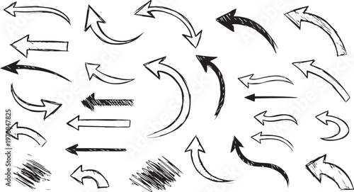 Hand drawn arrow vector set — doodle sketch curved arrows and symbols in black ink
