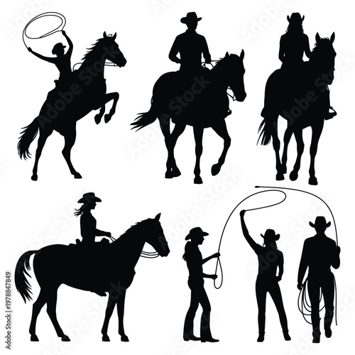Traditional cowboy silhouettes in action and riding scenes