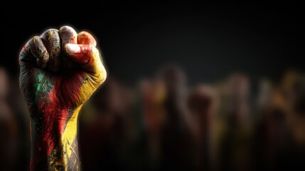 Powerful raised fist with colorful paint celebrating Juneteenth and freedom