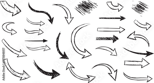 Hand drawn arrow vector set — doodle sketch curved arrows and symbols in black ink