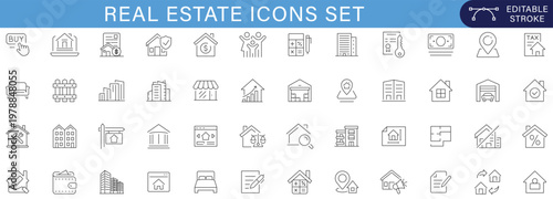 Real estate icons set with property, house, rent, buy, mortgage, construction, building, home services, outline vector collection for web, app, UI, infographic and business design editable stroke.