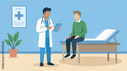 Physician consulting male patient in a modern medical clinic with tablet