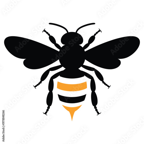 A stylized black and yellow bee with prominent wings and striped abdomen