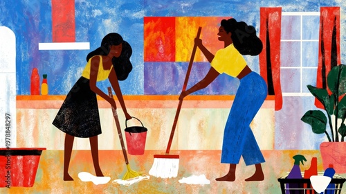 Women Cleaning in a Colorful Room During the Day With Tools and Plants Around...