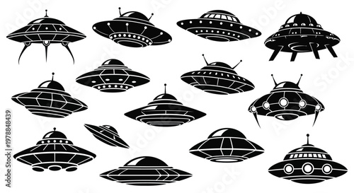A collection of various black ufo spacecraft designs showcasing different shapes and details in silhouette high quality professional detailed modern elegant