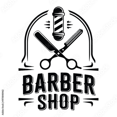 Vintage barber shop logo featuring traditional barber tools and text
