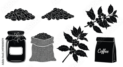 A collection of coffee beans leaves and packaging depicted in a striking black silhouette high quality professional detailed modern elegant stylish