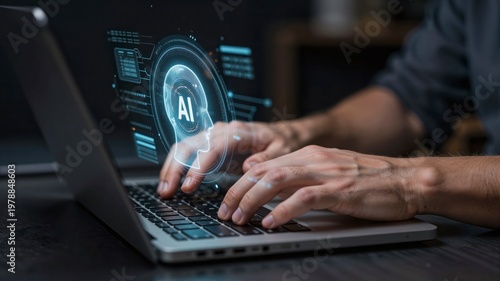 Focused Technician Working with Hologram Overlay