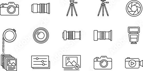 Photography equipment icons lenses tripods cameras and accessories