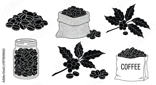 A collection of coffee beans a sack a jar and foliage depicted in a striking black silhouette high quality professional detailed