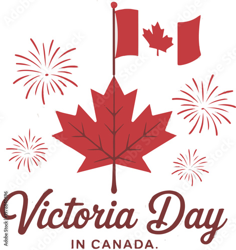 Happy Victoria Day banner with Canadian flags and a prominent maple leaf.