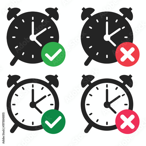 Clock time with checkmark icon, deadline completed symbol representing time management, task completion and punctual success, modern flat vector design