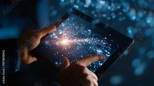 Person Uses Tablet to Interact With Digital Content in a Dark Room