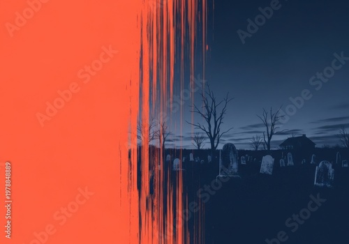 Eerie cemetery at twilight with abstract orange brushstroke overlay