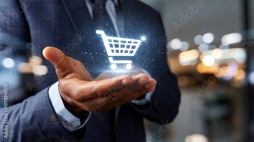 Businessman Holds a Digital Cart Symbol in a Modern Office During a Workday