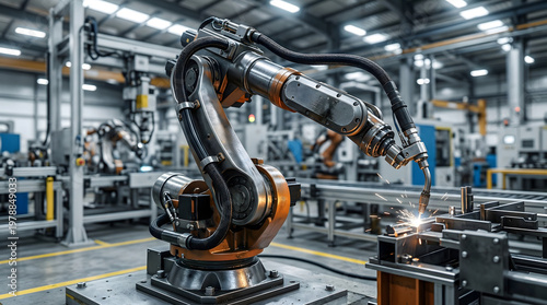 Industrial robotic arm welding metal parts in modern factory, automated manufacturing process with sparks, smart factory production line