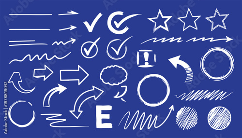 Sketch line frames, pointers. Doodle arrow, circle, oval and square shape frame, check mark elements. Freehand black marker, pen underline and navigation symbols.