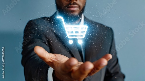 Businessman Holds a Digital Cart Symbol in a Modern Office During a Workday