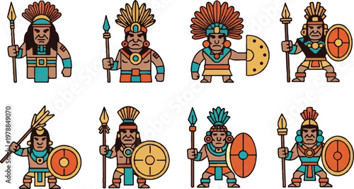 Stylized aztec warriors illustration set on white background