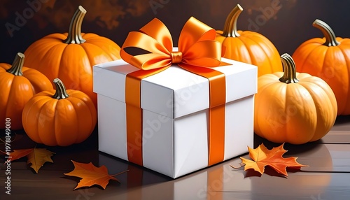 Autumnal Gift Box Surrounded by Pumpkins and Fall Foliage.