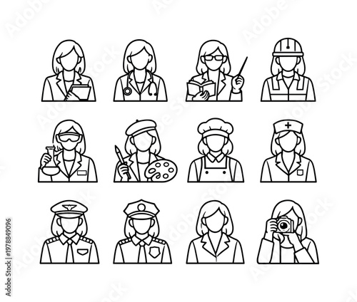 Female professions: businesswoman, doctor woman, teacher woman, engineer woman, scientist woman, artist woman, chef woman, nurse woman, pilot woman, policewoman, lawyer