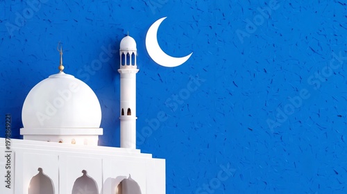 White Mosque Structure With Crescent Moon Against Blue Wall During Night
