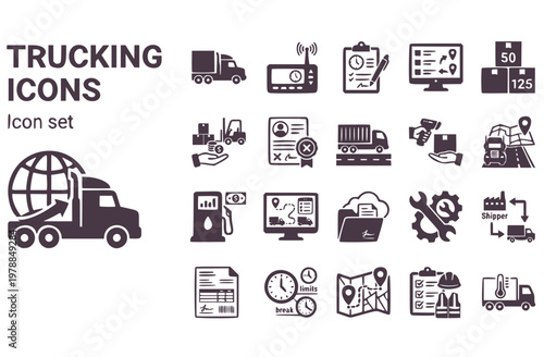 Trucking Logistics Icon Set ELD Device HOS Log Load Board Freight Class Lumper Fee FMCSA Violation Drayage Last Mile Handoff TMS Software Vector Illustration