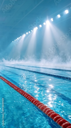 Bright Lights Shine Over a Swimming Pool With Clear Water and Lane Markings D...