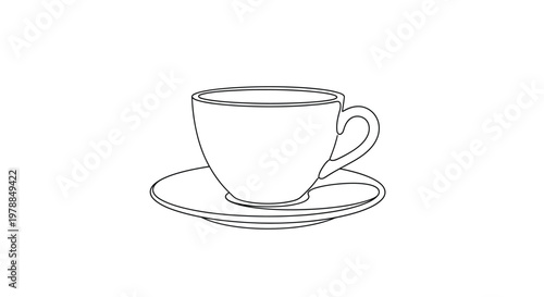A minimalist line drawing depicts a classic white teacup and saucer set elegantly presented