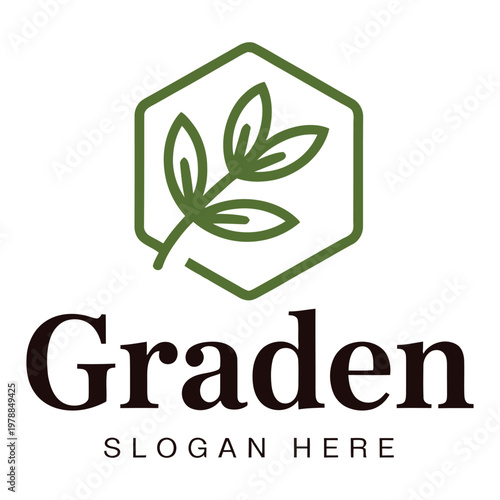 Eco-friendly brand logo featuring a leaf inside a hexagon with the name graden