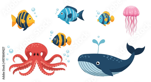 Colorful illustration depicting various marine life including fish jellyfish octopus and a whale silhouette high quality professional detailed modern elegant stylish