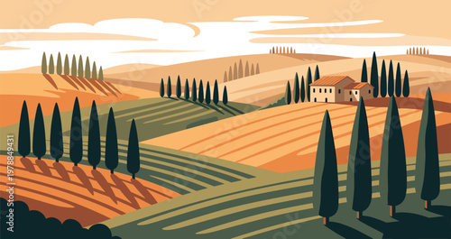 Tranquil italian countryside with rolling hills and cypress trees at sunset