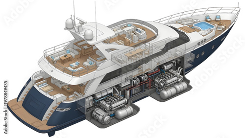 Luxury Motor Yacht CAD Blueprint Technical Schematic with Detailed Deck Plan and Engine Layout Isolated on White Background