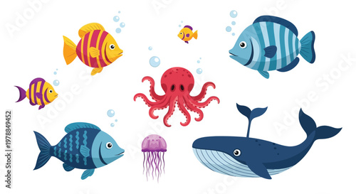 Colorful cartoon illustration of various marine life including fish octopus jellyfish and a whale silhouette high quality professional detailed modern elegant