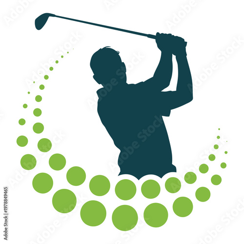 Golfer executing a powerful swing with scattered golf balls around