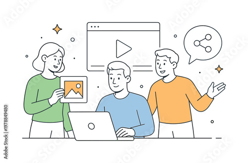 Digital marketing and content creation in a technology driven context where professionals build visual assets and distribute messages across platforms, visualized through