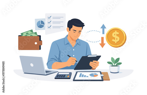 Financial management and budgeting scenario where a professional organizes monetary resources and tracks expenses in a structured business environment, symbolized by a