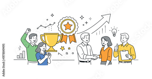 A corporate performance and motivation concept where teams are rewarded for outstanding results and productivity, represented by a minimal composition of a trophy