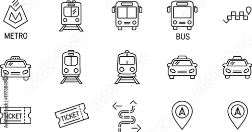 Collection of hand drawn transportation and navigation icons in black and white