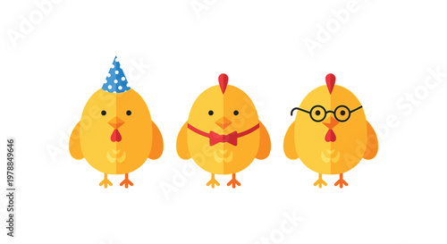 Three stylized yellow chicks with festive accessories celebrate showcasing a charming visual representation silhouette high quality professional detailed modern elegant stylish