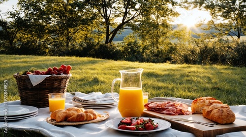 Picnic With Food Items by a Riverside on a Sunny Day in a Green Area During S...