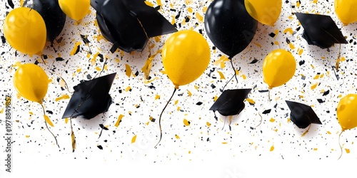 Celebration of Graduation With Hats and Balloons on a Party Backdrop